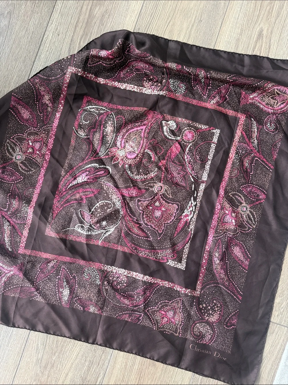 Christian Dior large Vintage burgundy pink brown silk scarf